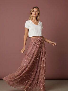 ❤️ NWOT! House of Indya Tulle Mesh Gold Foil Embroidery Tiered Boho Maxi Skirt